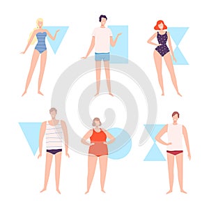 Set of male and female body shape types. Young women and men with various figure type cartoon vector illustration