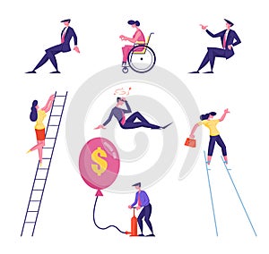 Set of Male and Female Business People Climbing on Ladder, Inflate Balloon with Dollar Sign, Walking on Stilts