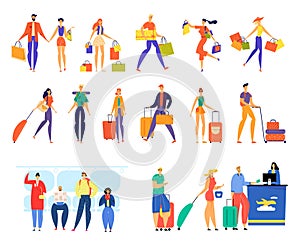 Set of Male and Female Characters Shopping, Traveling with Luggage, Riding on Metro and Stand in Queue for Airplane