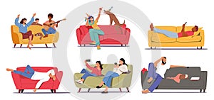 Set Of Male And Female Characters On Their Couches. People Having Fun, Playing Guitar, Celebrate Party With Pet
