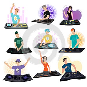 Set of male and female DJ characters with headphone on club party isolated on white