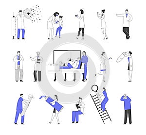 Set of Male and Female Doctors and Patients Characters in Hospital, Vaccination and Concilium, Injured Man in Clinic