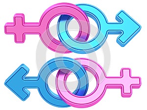 Set of male and female gender symbols chained together on white