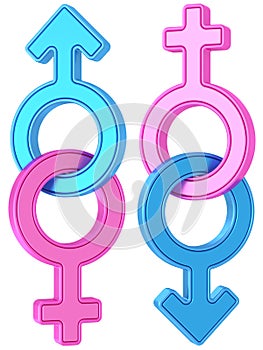 Set of male and female gender symbols chained together on white