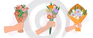 Set Male And Female Hands Holding Flower Bouquets Isolated On White Background. Gift For Holiday Celebration