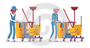 Set of male and female janitor pushing cart with tools