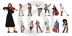 Set of Male and Female Musicians. People Play Violin, Guitar, Trumpet and Contrabass. Balalaika, Saxophone and Drums