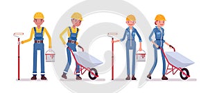 Set of male and female worker with wheelbarrow and paint