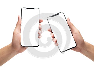 Set of male hand holding the black smartphone with blank screen isolated on white background with clipping path.