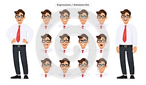 Set of male`s different facial expressions. Man emoji character with various face reaction/emotion, in formal and eyeglasses.