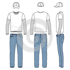 Set of male tee, jeans, baseball cap.