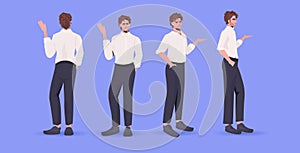 Set man in casual trendy clothes male cartoon character standing pose different angles view