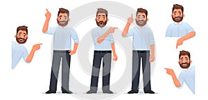 Set of a man character pointing his finger in different directions, up and down and looking out