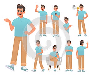 Set of man character in various poses and actions. Happy guy speaks, greets, points and walks