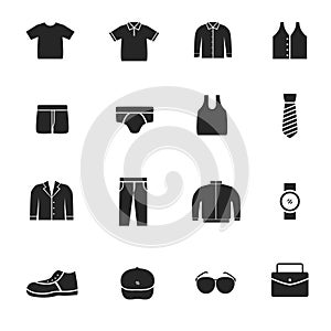 Set of man clothes and accessories icons in glyph style
