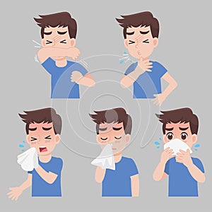 Set of man with different diseases symptoms - sneeze, snot, cough, fever, sick, ill