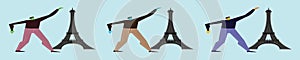 Set of man at the eiffel tower cartoon icon design template with various models. vector illustration isolated on blue background