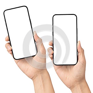 Set of man hand holding the black smartphone with blank screen isolated on white background with clipping path