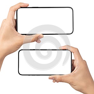 Set of man hand holding the black smartphone with blank screen isolated on white background with clipping path