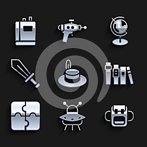 Set Man hat, UFO flying spaceship, School backpack, Book, Piece of puzzle, Sword for game, Earth globe and icon. Vector