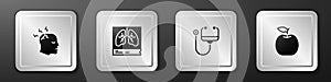 Set Man having headache, Lungs x-ray, Stethoscope and Apple icon. Silver square button. Vector