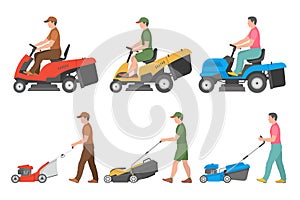 Set of Man with lawnmower