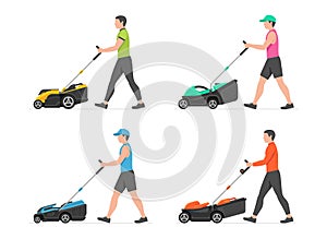 Set of Man with lawnmower