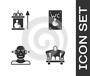 Set Man without legs sitting wheelchair, Elevator for disabled, Deaf and Separated toilet icon. Vector