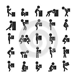 Set of man moving box, Human pictogram Icons