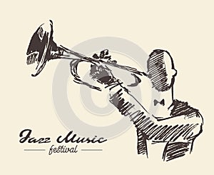 Set man playing trumpet vintage hand drawn sketch