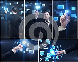 Set of man pushing a button on a touch screen