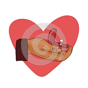 set of man putting engagement ring on woman hand, outdoor. marriage proposal. doodle Graphic vector illustration.