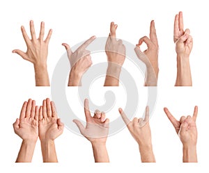 Set of man showing different gestures on white background