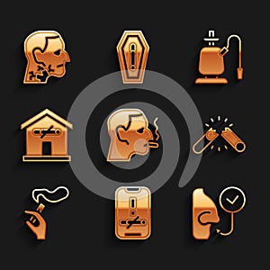 Set Man smoking a cigarette, No, Healthy breathing, Broken, Hand with, home, Hookah and Throat cancer icon. Vector