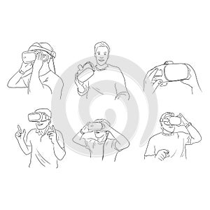 Set of man wearing virtual reality digital glasses vector illustration sketch doodle hand drawn isolated on white background