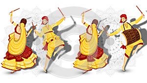 Set of man and woman dancing in dandiya pose, drummer playing drum dholak on white mandala floral background. photo