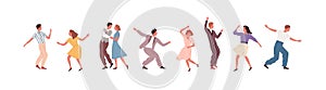 Set of man, woman and pair performing Lindy hop or Swing vector flat illustration. Collection of different people