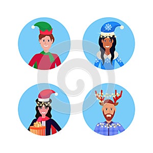 Set man woman wearing different hat merry christmas happy new year concept male female face avatar portrait collection