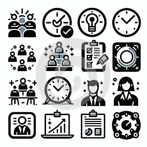 Set of management and workflow icons in black color on white background.