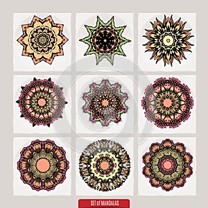 Set of mandalas. Decorative round ornaments. Anti-stress therapy patterns. Weave design elements. Yoga logos