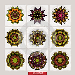 Set of mandalas. Decorative round ornaments. Anti-stress therapy patterns. Weave design elements. Yoga logos