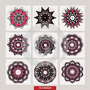 Set of mandalas. Decorative round ornaments. Anti-stress therapy patterns. Weave design elements. Yoga logos