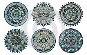 Set of 6 mandalas painted in the same palette, vector illustration photo