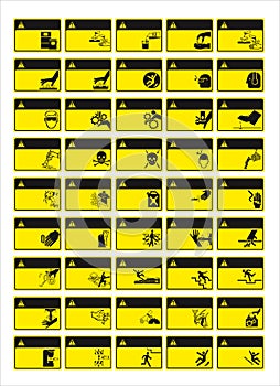 Set of mandatory sign, hazard sign, prohibited sign, occupational safety and health signs, warning signboard, fire emergency sign