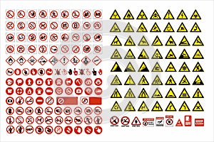 Set of mandatory sign, hazard sign, prohibited sign, occupational safety and health signs, warning signboard, fire emergency sign.