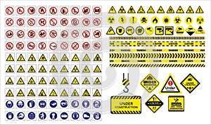 Set of mandatory sign, hazard sign, prohibited sign, occupational safety and health signs, warning signboard, fire emergency sign.