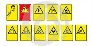 Set of mandatory sign, hazard sign, prohibited sign, occupational safety and health signs, warning signboard, fire emergency sign