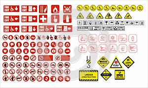 Set of mandatory sign, hazard sign, prohibited sign, occupational safety and health signs, warning signboard, fire emergency sign.