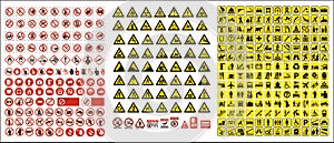 Set of mandatory sign, hazard sign, prohibited sign, occupational safety and health signs, warning signboard, fire emergency sign. photo