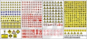 Set of mandatory sign, hazard sign, prohibited sign, occupational safety and health signs, warning signboard, fire emergency sign. photo